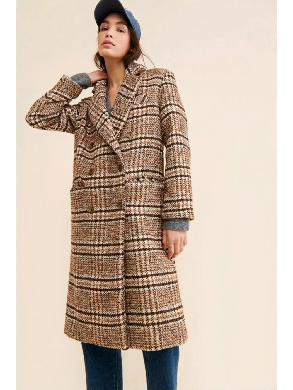 Free People Grunge Preppy Adore You Plaid Longline Wool Coat Brown Medium